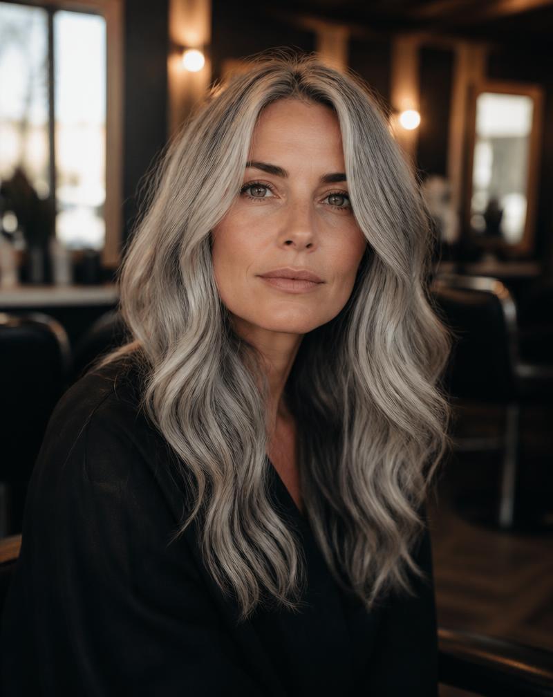 Client with long silver-grey waves in the Scissibles salon