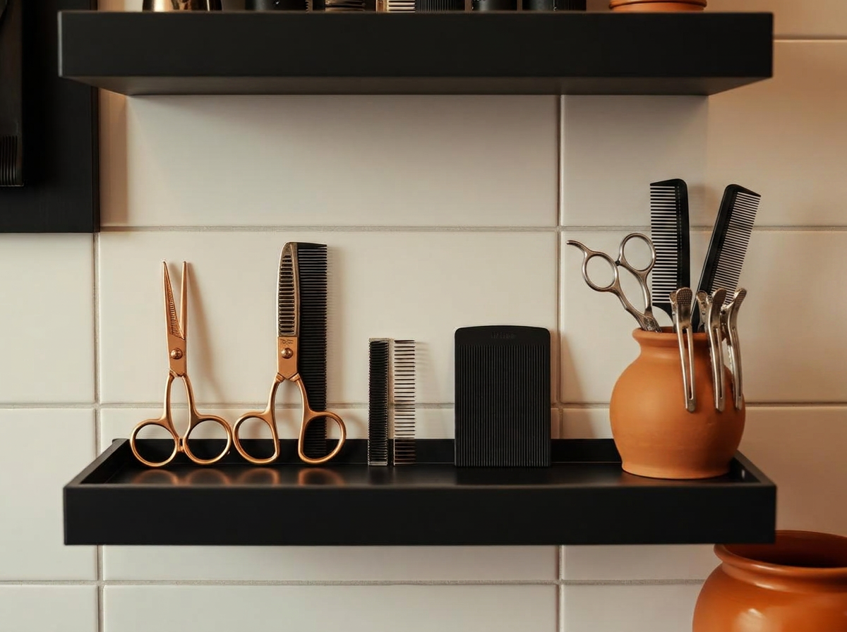 Copper scissors and combs on a charcoal shelf in the salon