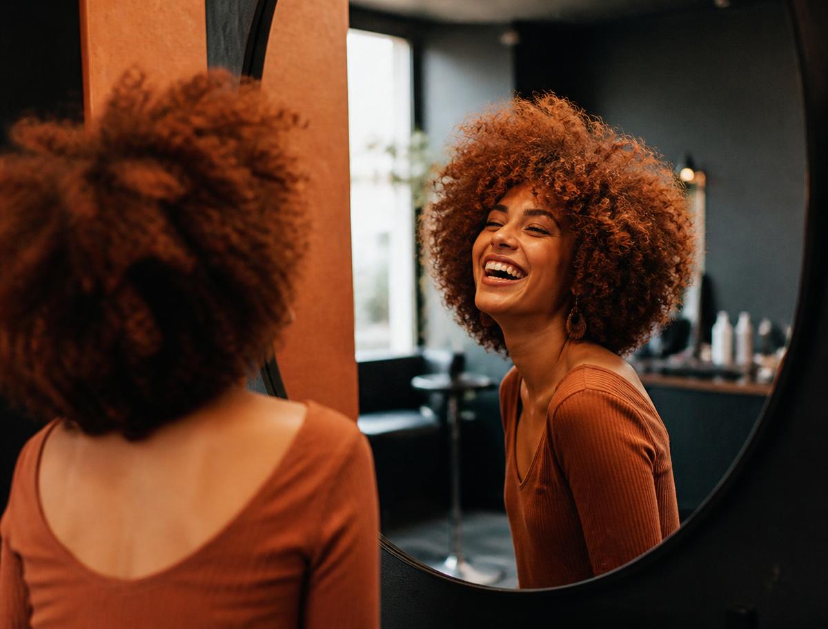 Client laughing in the mirror after a finished curly cut at Scissibles in Stroud